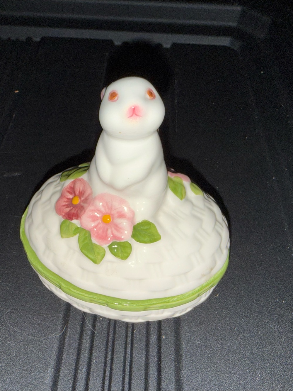 Avon Vintage White Ceramic Bunny Trinket Box with Pink Floral Accent